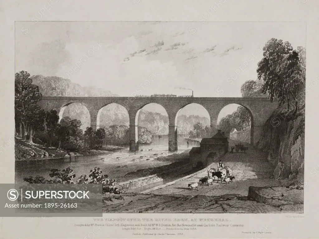 Line engraving by A Picken after M E Nutter showing a viaduct on the Newcastle & Carlisle Railway.