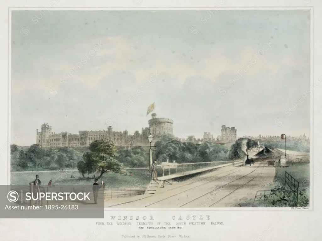 Coloured lithograph by Ed Gilks. Windsor Castle was built over 900 years ago by William the Conqueror (1027-1087) and sits above the river Thames and ...