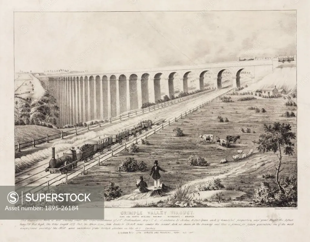 Lithograph, hand coloured and printed by Gibson & Co, York. Designed by John Birkinshaw, the Crimple Valley viaduct was one of the most impressive in ...