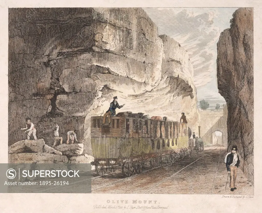 Coloured engraving by I Shaw showing a passenger train passing through a steep-sided cutting. Built under the supervision of chief engineer George Ste...