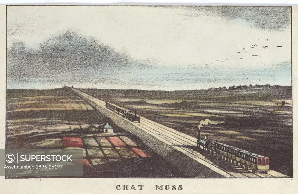 Lithograph. Chat Moss is a vast 12 square mile peat bog situated five miles west of Manchester. It was considered unsuitable for the building of rail ...
