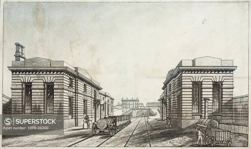 Lithograph. The Liverpool & Manchester Railway, the world´s first inter-city railway, was built under the guidance of chief engineer George Stephenson...