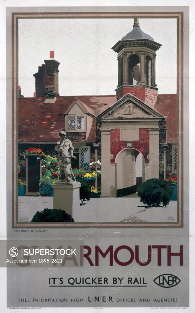 Poster produced for the London & North Eastern Railway (LNER), promoting rail travel to the Norfolk port and resort of Great Yarmouth, showing a view ...