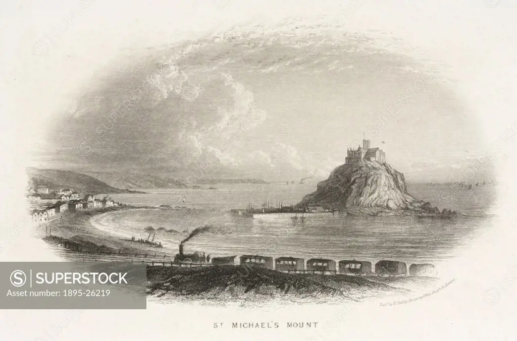 Engraving by G Townsend showing a railway line running on the English coastline, opposite St Michael´s Mount. A Benedictine Priory was built on St Mic...