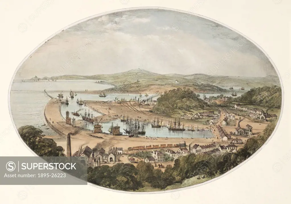 Coloured lithograph showing a general view of dock and railway in Neath Port Talbot, Wales.