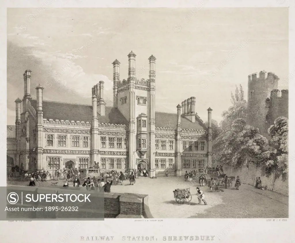 Lithograph in black and stone by J W Giles after L N Henshaw. Shewsbury Station was designed by T M Penson and built in 1849. In order to blend in wit...