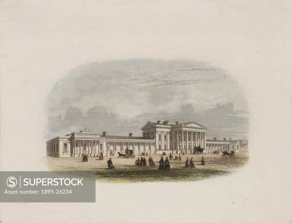 Coloured engraving showing the exterior of Huddersfield Railway Station. The station was designed by J P Pritchett Senior and Junior, opened in 1847 a...