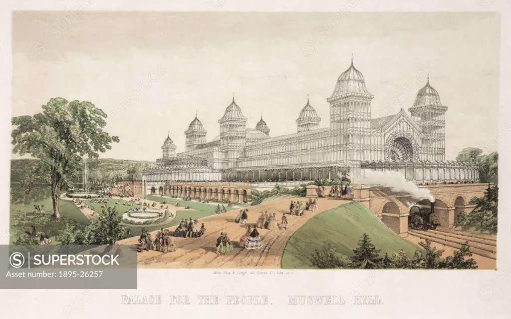Coloured lithograph showing the design for the first palace built at Muswell Hill named Alexandra Palace. The original Alexandra Palace was opened in ...