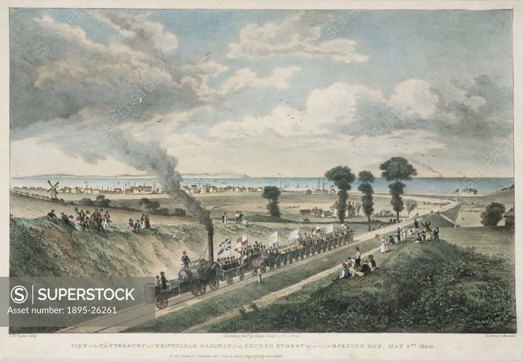 Coloured lithograph by T M Baynes, of the view from Church Street with Whitstable in the distance, showing the steam locomotive ´Invicta´. The Invicta...