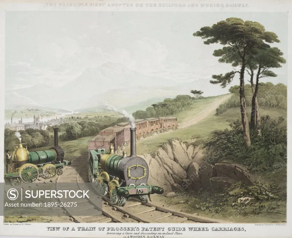 Coloured lithograph showing an engine pulling Prosser´s Patent Guide Wheel Carriages, ´traversing a curve and descending on an inclined plane, on a wo...