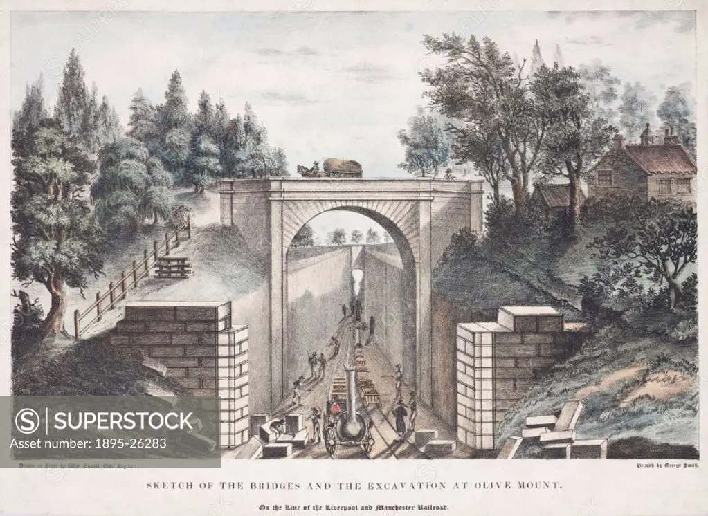 Lithograph. Built under the supervision of chief engineer George Stephenson (1781-1848), the Liverpool & Manchester Railway (LMR) was the world´s firs...