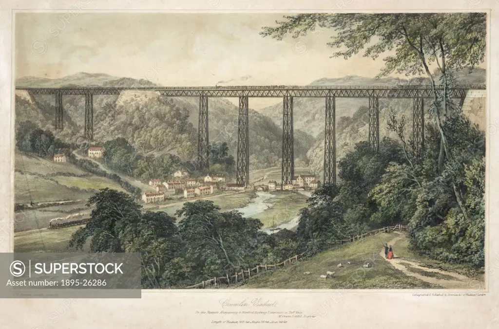 Coloured lithograph of the Crumlin Viaduct on the Taff Vale Extension of the West Midland Railway. Crumlin Viaduct was considered to be one of the eng...