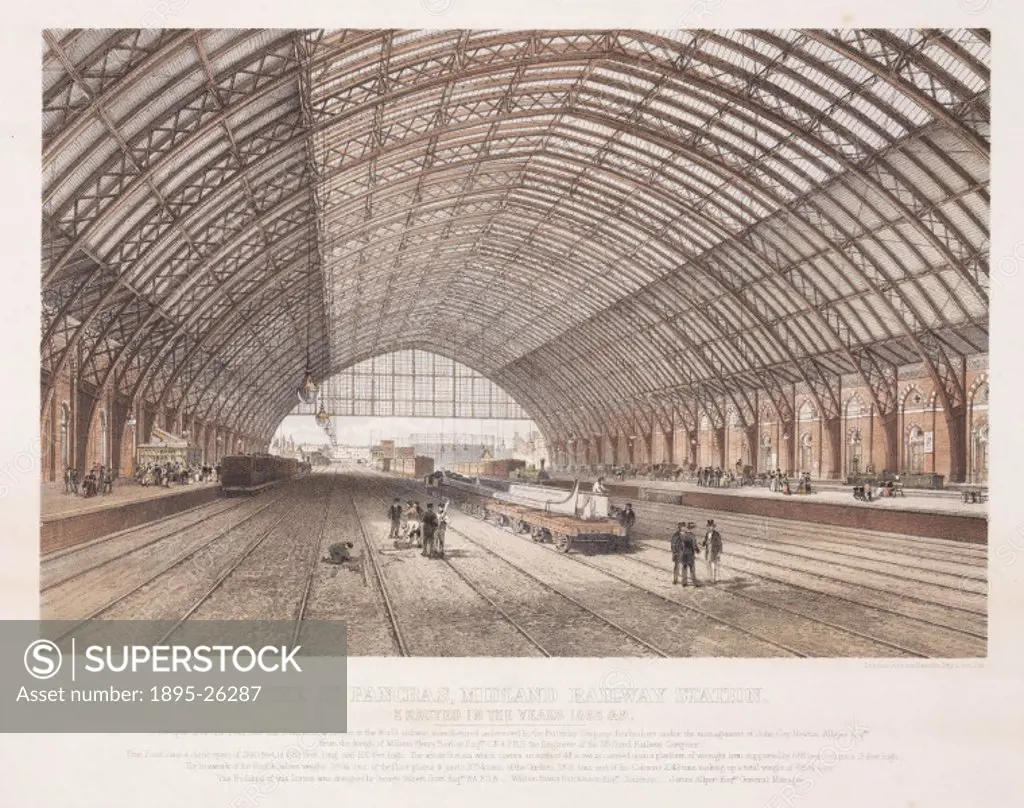 Coloured lithograph ahowing the interior of the St Pancras Station. St Pancras station was designed by George Gilbert Scott (1811-1878) for the Midlan...