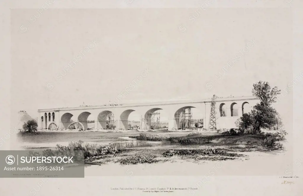 Lithograph by John Cooke Bourne, from a collection of views on the construction of the London & Birmingham Railway. Wolverton viaduct was 660 foot lon...