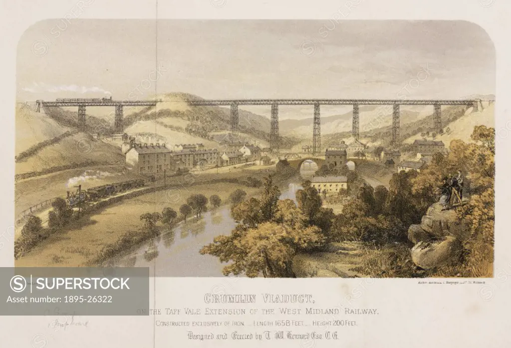 Coloured lithograph of the Crumlin Viaduct on the Taff Vale Extension of the West Midland Railway. Crumlin Viaduct was considered to be one of the eng...