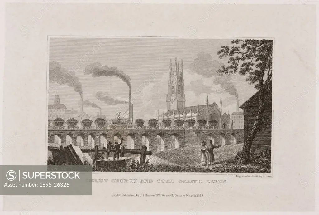 Engraving on steel by T Owen, after a drawing by Nathaniel Whittock (1791-1860). An early steam locomotive is shown hauling a train of coal wagons acr...