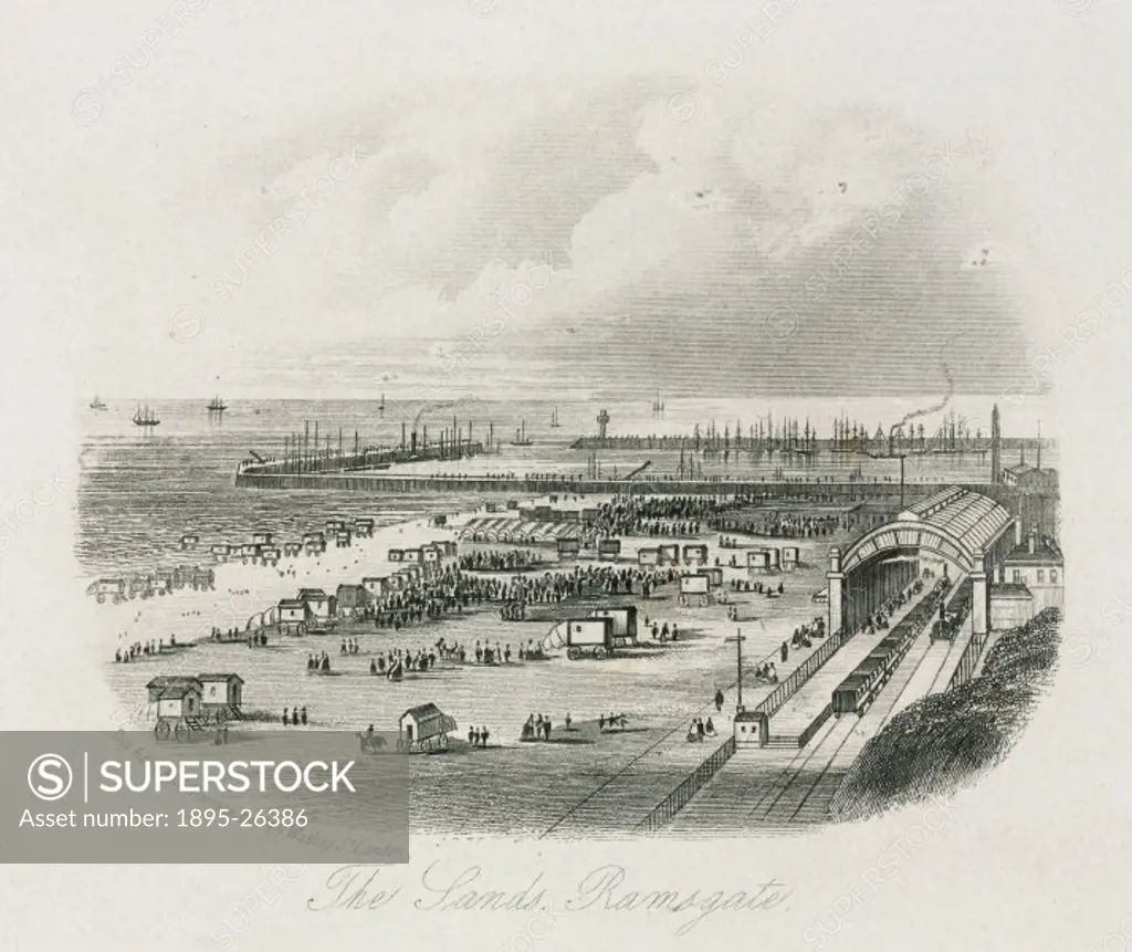 Engraving by J Newman illustrating a railway station at Ramsgate in Kent. The railway station is postioned on the seafront, beside an area used for ba...