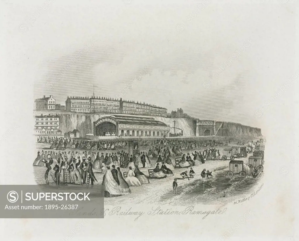 Print showing a railway station in Ramsgate that is positioned at the seafont. The beach next to the station is full of people making sandcastles, wal...