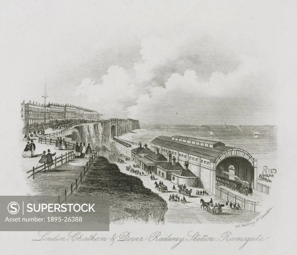 Print showing traffic outside a seafront railway station in Ramsgate, Kent.