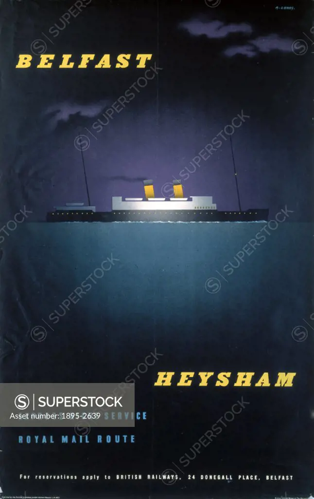 Poster produced for British Railways (BR) showing a night scene of a ship at sea. The artwork is by Abram Games (1914-1996). Poster signed by artist o...