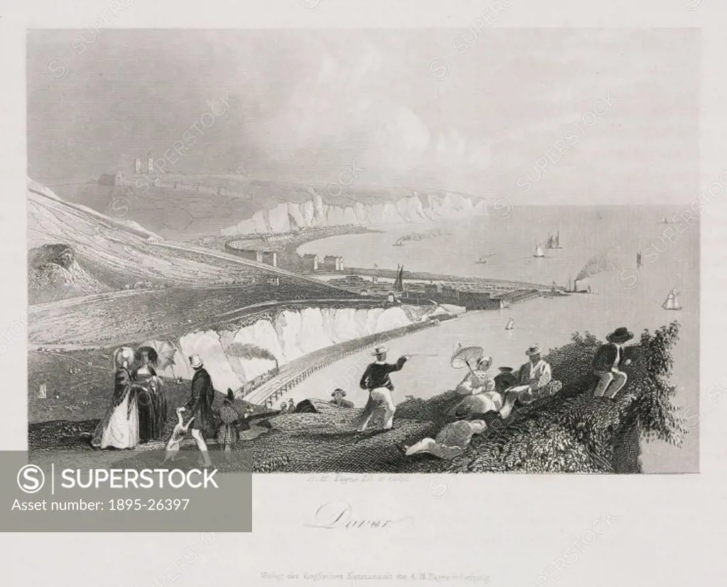 Print looking down towards Dover, showing its coastal railway. In the background Dover Castle can be seen.