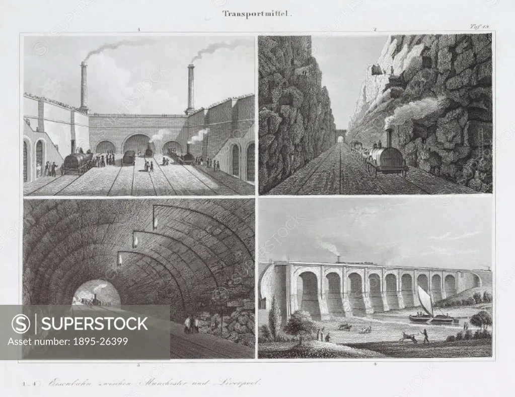 The views are, clockwise from top left, Edge Hill Tunnel, Olive Mount, the Sankey Viaduct and a tunnel. The Liverpool & Manchester Railway was designe...