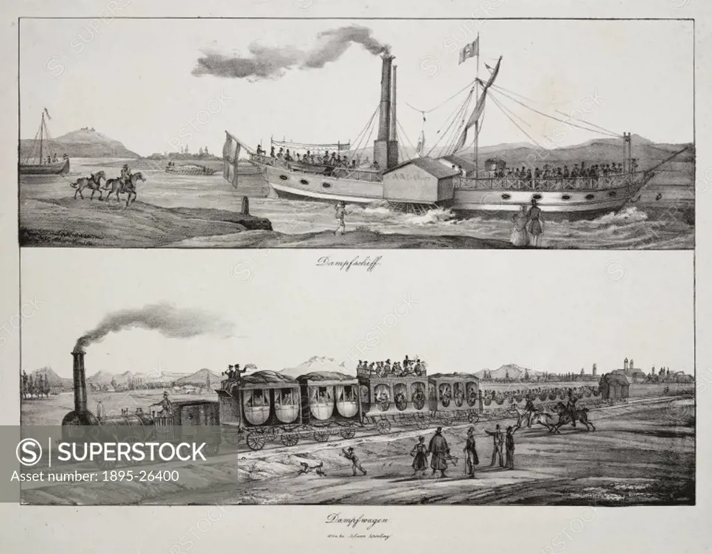 Lithograph. The top panel shows a steam powered ship and the bottom a steam powered train.