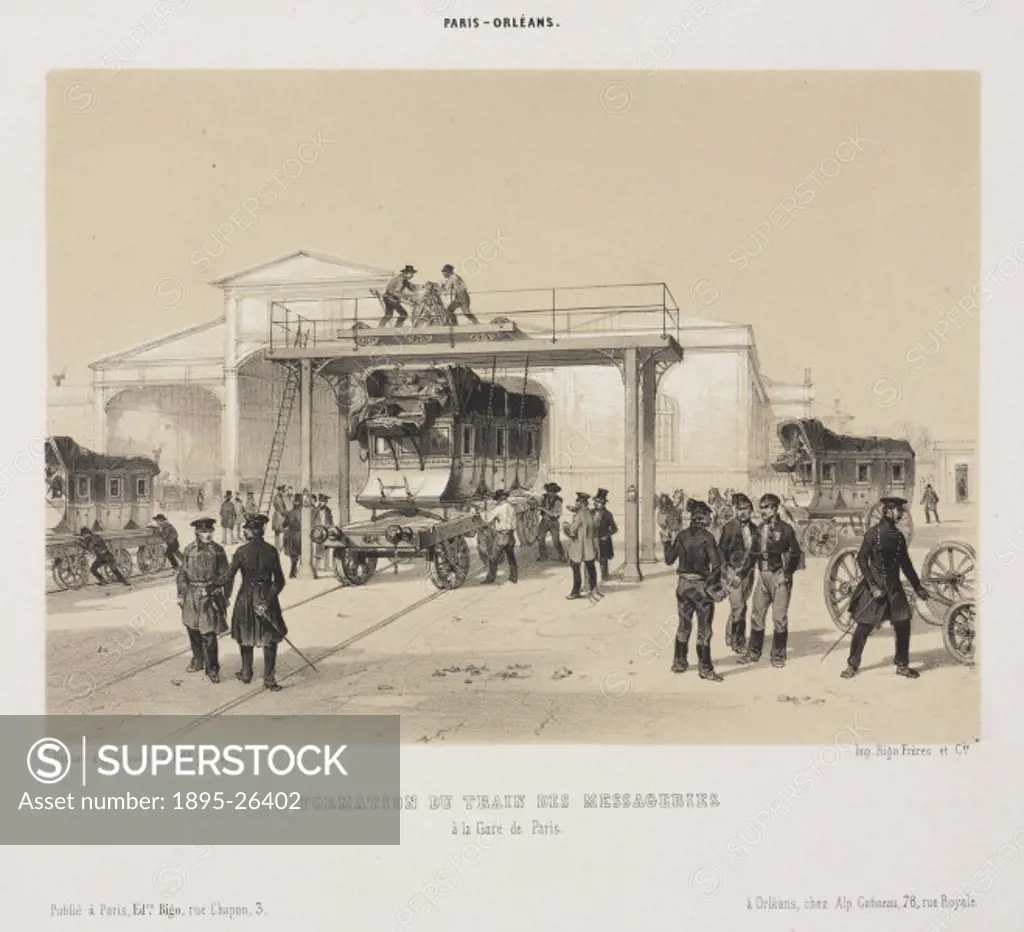 Tinted lithograph by Bayot illustrating men working near a mail train.