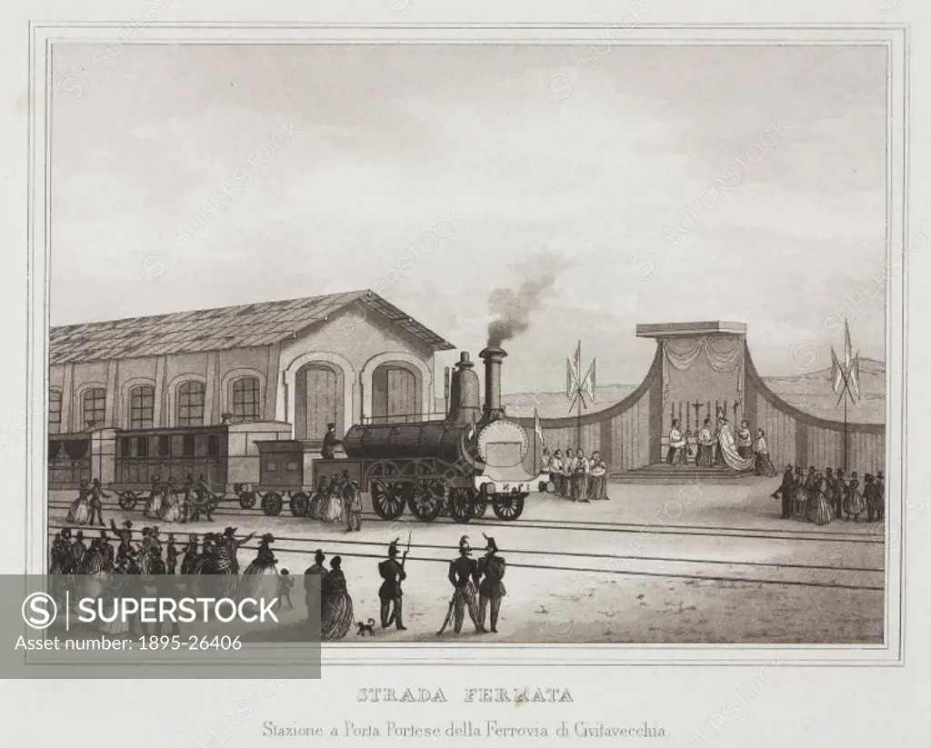 ´Strada Ferrata Stazione a Porta Portese della Ferrovia di Civitavecchia´. Copper plate etching showing a locomotive at an Italian railway station. On...