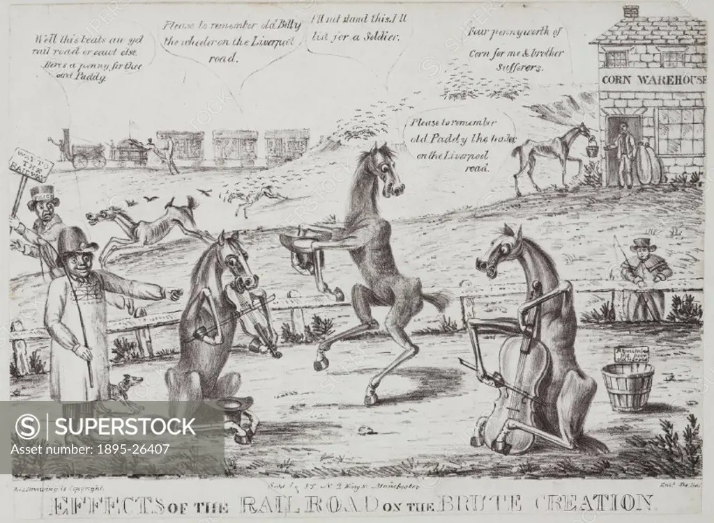 Lithographic cartoon suggesting what may have happened to the coach horses not needed after the expansion of the railways in the early 19th century. T...