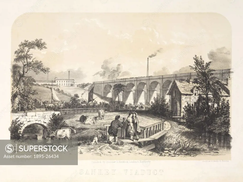 Lithograph drawn and lithographed by English-born artist Arthur Fitzwilliam Tait (1819-1905), showing the viaduct across the Sankey Valley, Warrington...