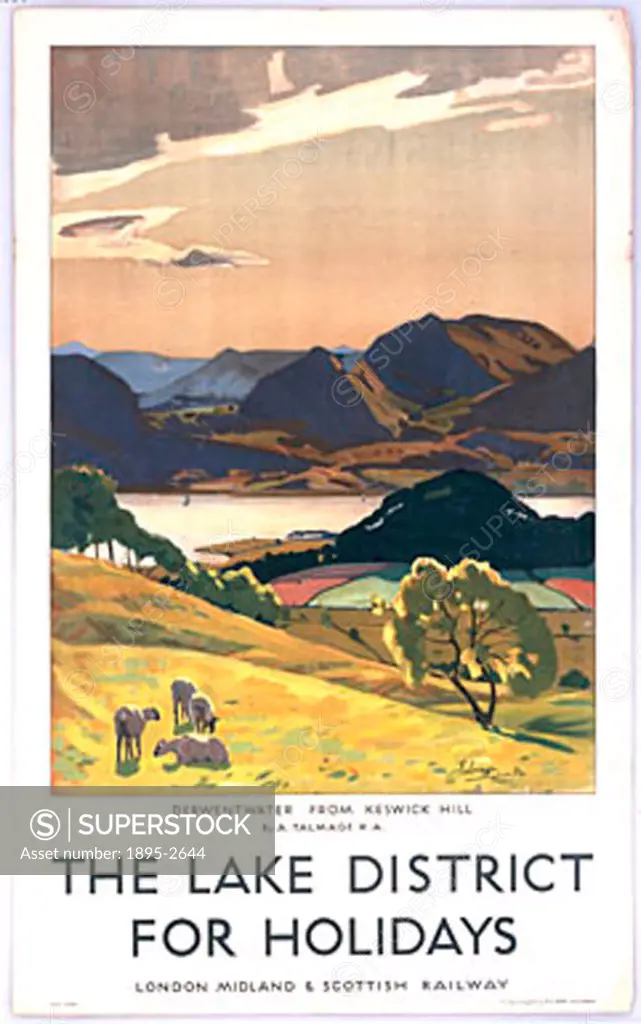 ÔThe Lake District for Holidays - Derwentwater from Keswick Hill´. Poster produced for the London, Midland & Scottish Railway (LMS), promoting rail tr...