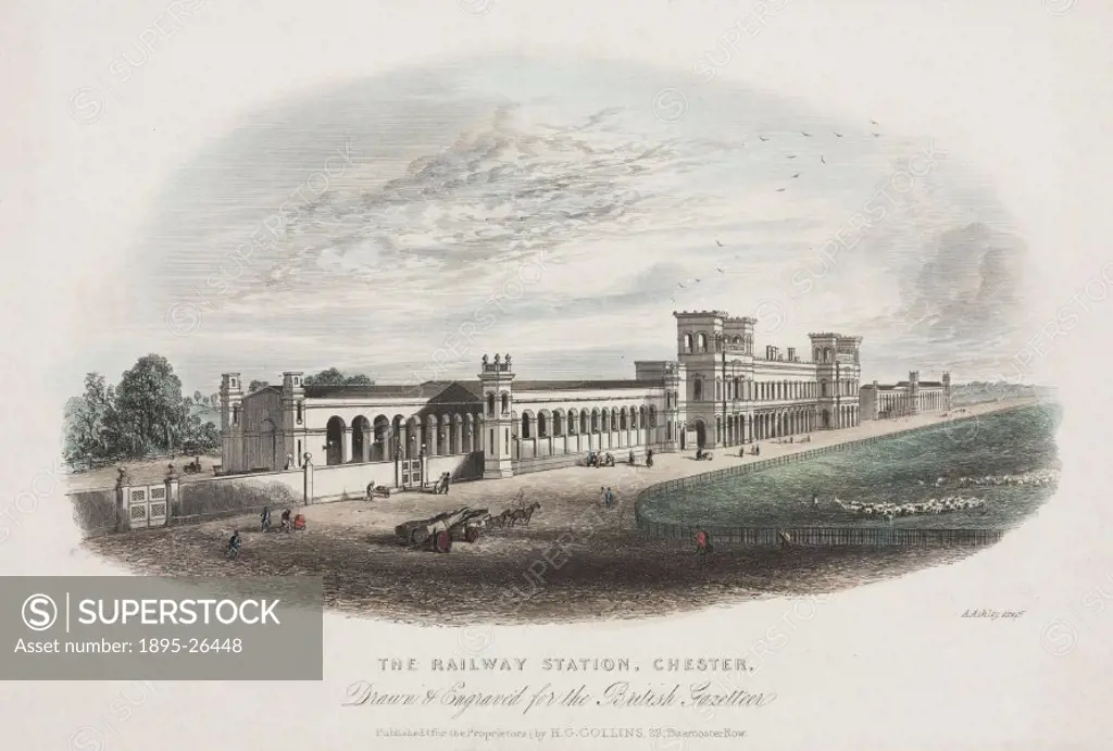 Engraving by A Ashley after J F Burrell showing the exterior of the station.
