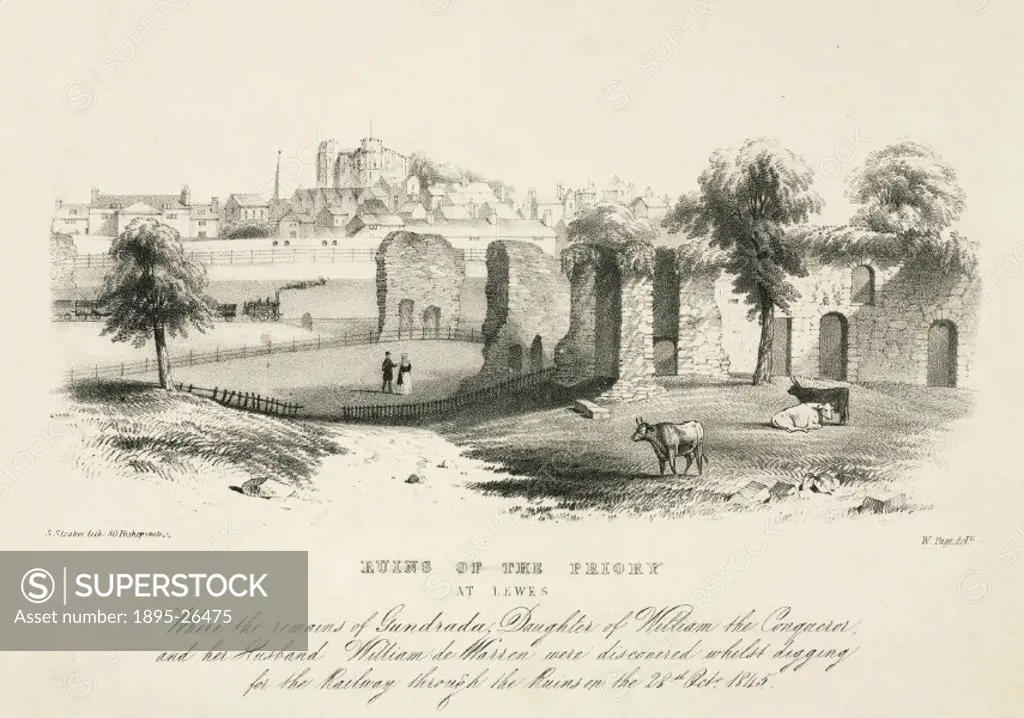 Lithograph showing the ruins of the Priory at Lewes, East Sussex. Lewes Castle can be seen at the top of the hill in the background, with a railway li...