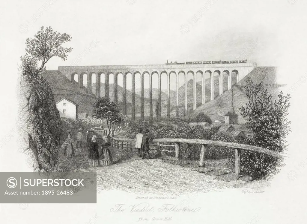 Engraving by J Saddler showing the railway viaduct designed by William Cubitt for the South Eastern Railway (SER) near the port of Folkestone. The rai...