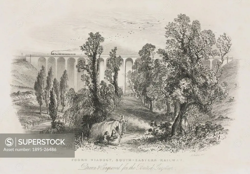 Engraving by A Ashley after J F Burrell, showing Foord Viaduct, Kent.