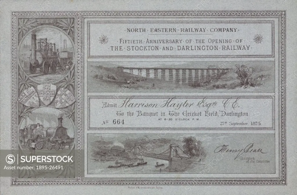 Ticket belonging to Harrison Hayter Esq for the North Eastern Railway Company´s banquet celebrating the 50th Anniversary of the opening of the Stockto...