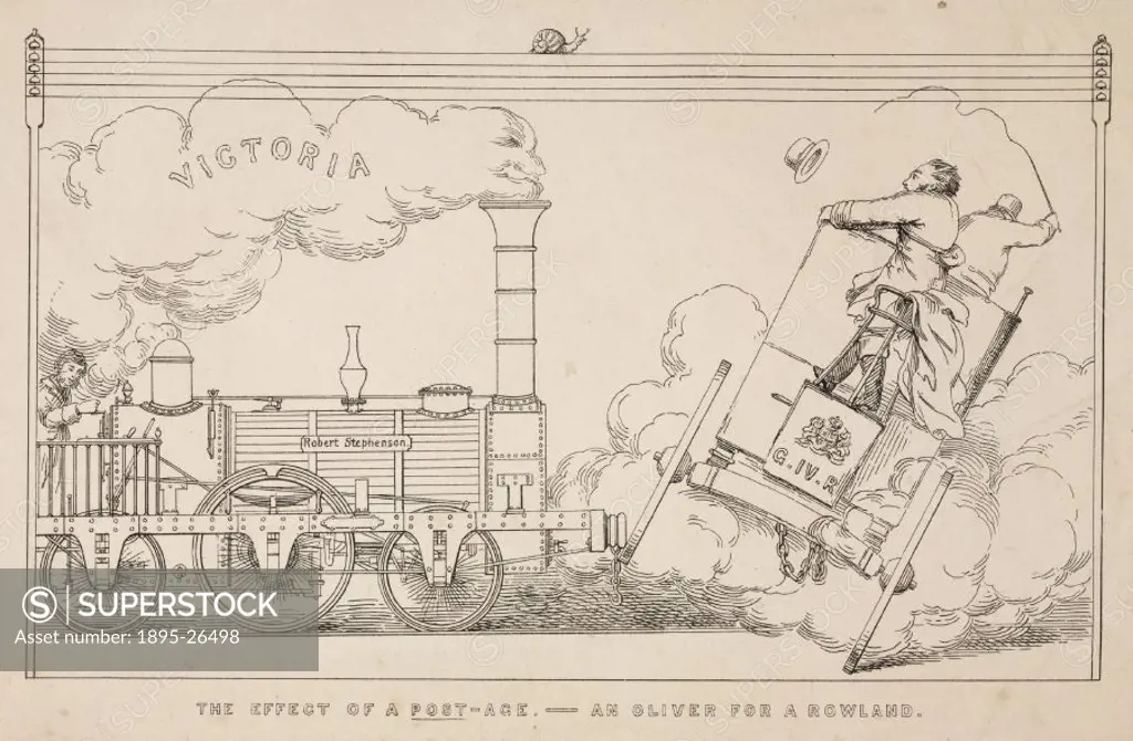 Print satirising the effects of the railways on mail deliveries. The locomotive on the left is named ´George Stephenson´ and the smoke it expels reads...