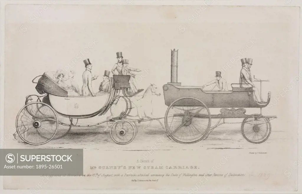 Lithograph by J Doyle of Goldsworthy Gurney´s steam carriage as it appeared at Hounslow on the 12th of August, with a Barouche attached, containing t...