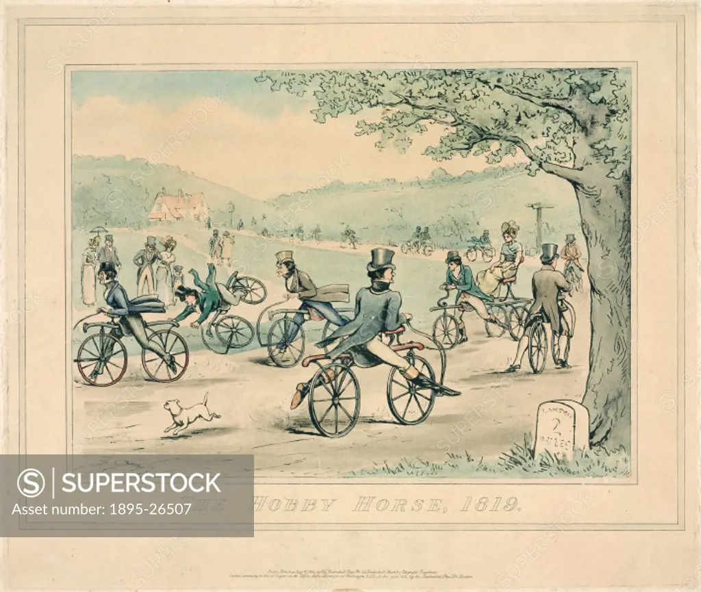Hand coloured engraving from 1894 showing a rural scene near London, with fashionably dressed gentlemen riding hobby horses. The forerunner of the bic...