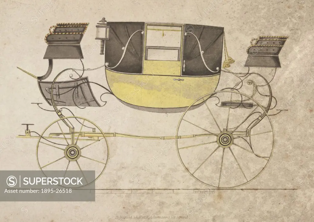 Print, one of a series of nine showing early 19th century carriages, published by R Ackermann, 101 Strand, London.