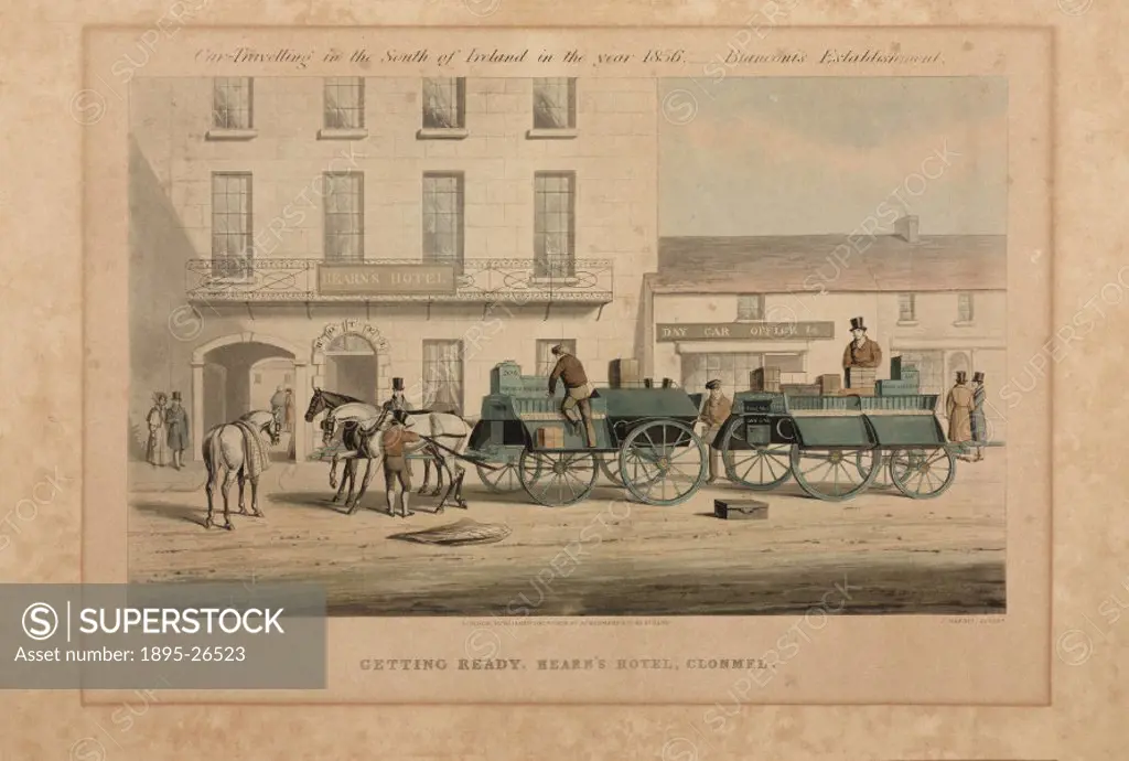 Coloured aquatint engraved by J Harris after a drawing by M A Hayes, showing coachmen loading luggage onto Royal Mail Day Car coaches in front of a ho...
