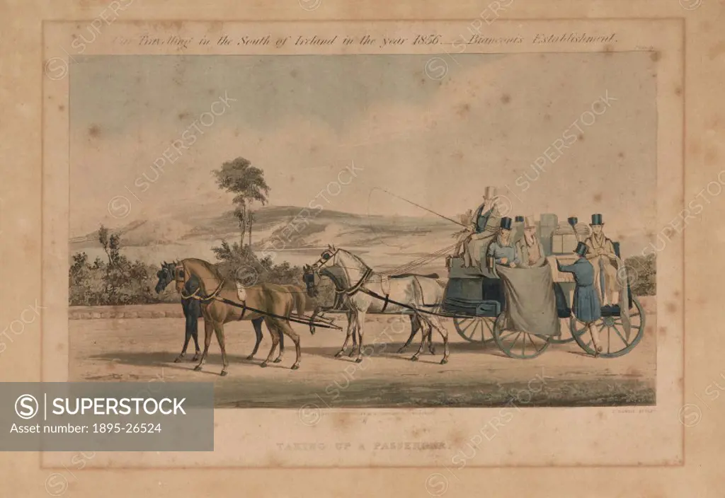 Coloured aquatint engraved by J Harris after a drawing by M A Hayes, showing a passenger climbing aboard a Royal Mail Day Car stagecoach. One of a ser...