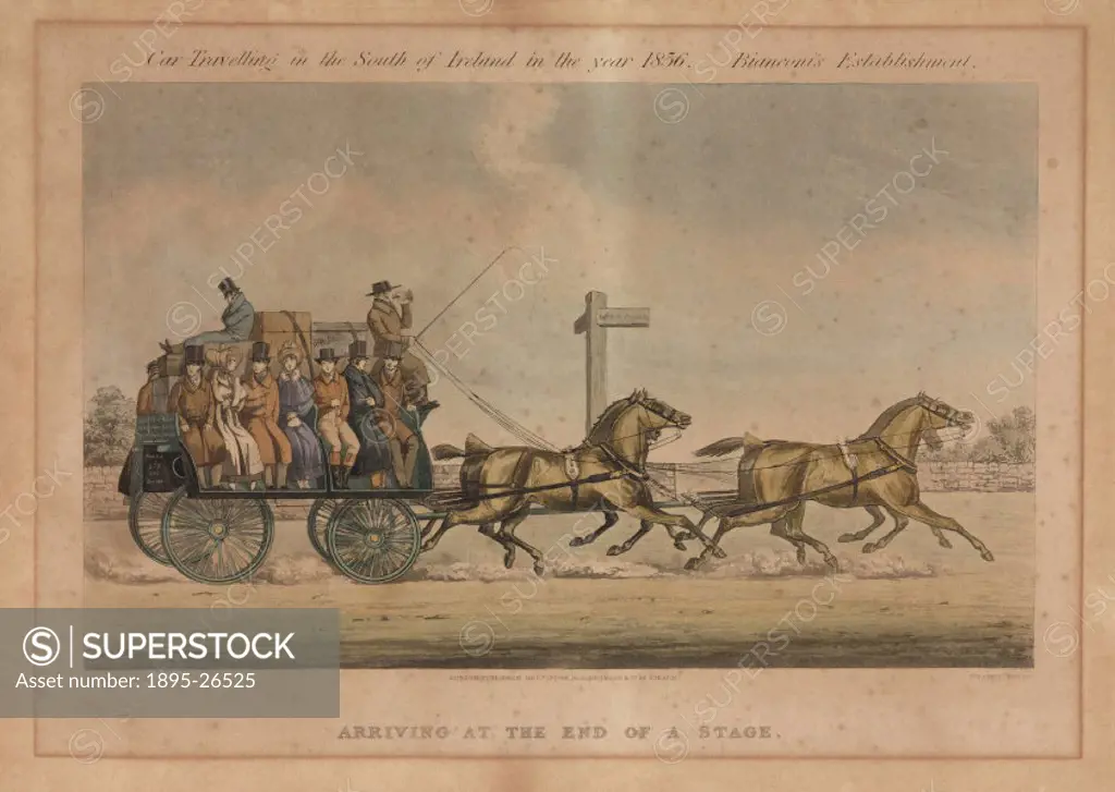 Coloured aquatint engraved by J Harris after a drawing by M A Hayes, showing a Royal Mail Day Car stagecoach with a full complement of passengers. One...