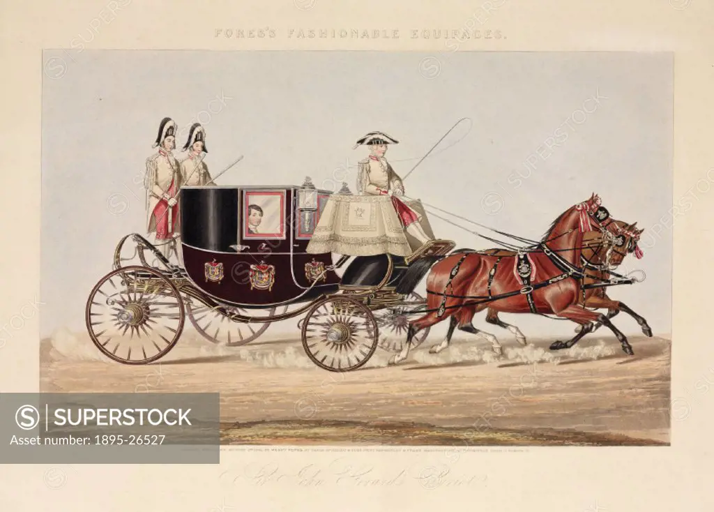 Coloured print showing Sir John Gerard´s Chariot, pulled by two horses with a driver and two coachmen aboard, all in matching uniforms. Published by M...