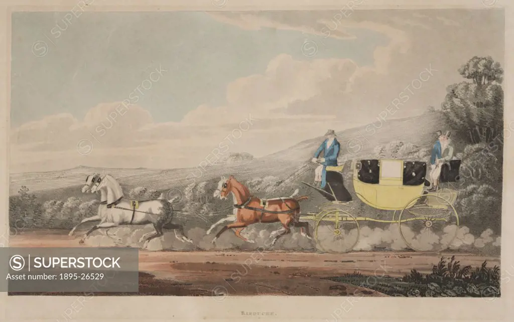 Coloured print showing a closed coach pulled by four horses, with driver and coachman aboard, speeding along a country road.