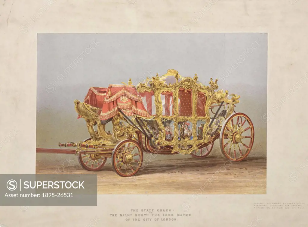 Chromolithograph of The State Coach of the Right Honorable The Lord Mayor of the City of London. This ornate gold ceremonial coach was built in 1757 a...