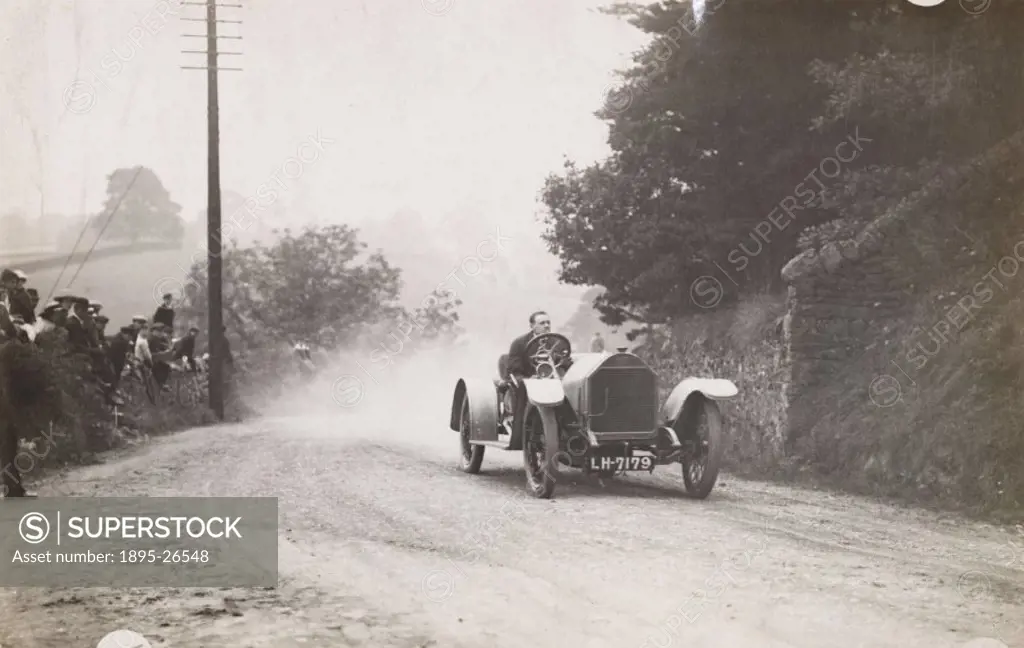 Photograph by H Wade showing a competitor in a motoring competition organised by the Yorkshire Automobile Club at Pateley Bridge, Yorkshire, on 13th S...