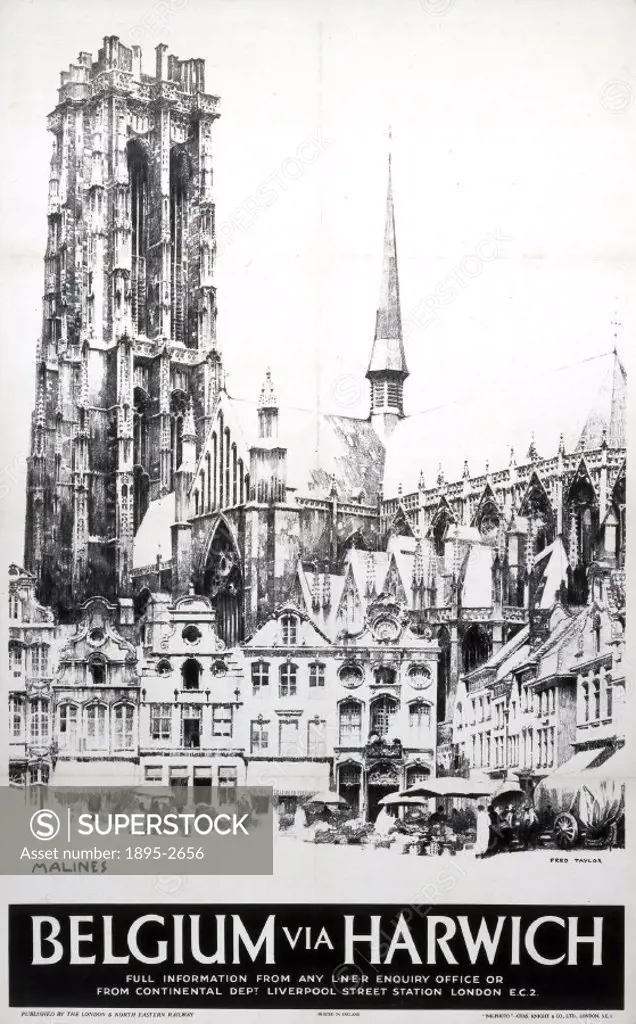Poster produced for the London & North Eastern Railway (LNER), promoting rail travel to the Belgian town of Mechelen (´Malines´ is its French name), s...