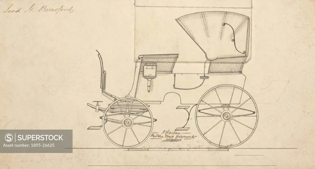 Drawing, one of ten pen and ink design for carriages manufactured by F Stocken, coach and harness maker, London. This particular design was for Lord G...